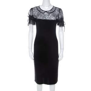RED Valentino Black Wool Jersey Floral Lace Trim Midi Dress S