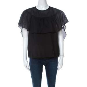 RED Valentino Black Cotton Silk Blend Ruffle Top M