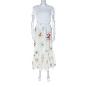 RED Valentino White Floral and Cross Stitch Print Cotton Gathered Skirt Set M