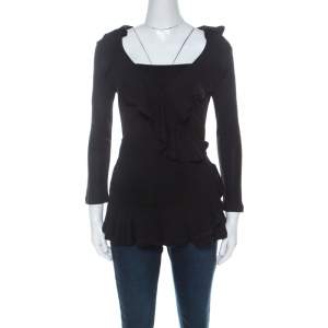 RED Valentino Black Ruffle Detail Long Sleeve Wrap Top M