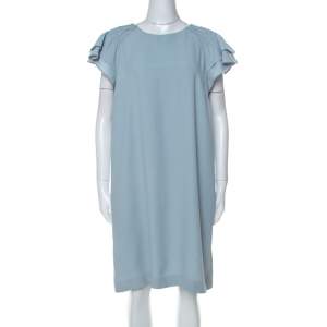 Red Valentino Pale Blue Crepe Ruffled Sleeve Shift Dress L