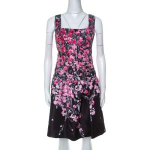 RED Valentino Black Floral Print Taffeta Pleated Waist Short Dress L