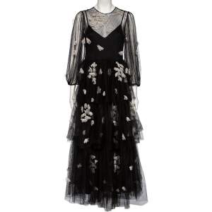 Pre Owned RED Valentino Black Tulle Floral Applique Detail Tiered Point D'esprit Gown M