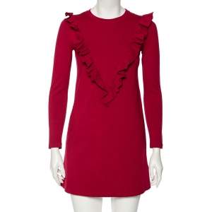 Pre Owned RED Valentino Burgundy Knit Ruffled Neck T-Shirt Dress XS
