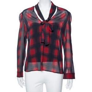 RED Valentino Navy Blue Plaid Print Silk Tie-Neck Detail Blouse M
