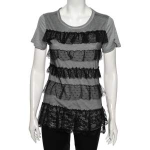 Red Valentino Grey Ruffled Lace and Jersey Short Sleeve T Shirt M
