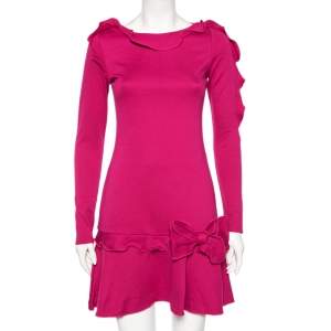 Pre Owned RED Valentino Pink Stretch Knit Ruffle Trimmed Bow Detailed Short Dress M