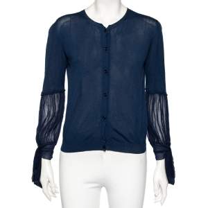 Red Valentino Navy Blue Knit & Chiffon Inset Detailed Long Sleeve Cardigan L