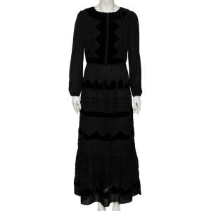 Pre Owned RED Valentino Black Thick Silk & Velvet Inset Detailed Maxi Dress M