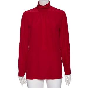 Pre Owned RED Valentino Red Silk Gathered Detail Long Sleeve Blouse M