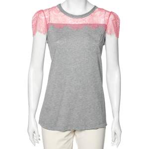 RED Valentino Grey Cotton & Lace Trimmed Pocket Detailed Top M