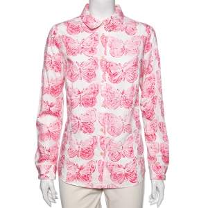 Pre Owned RED Valentino White and Pink Butterfly Print Long Sleeve Shirt L