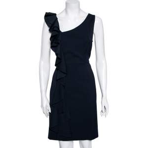 Pre Owned RED Valentino Navy Blue Stretch Wool Ruffle Detail Midi Dress L