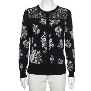 RED Valentino Black Jacquard Knit Lace Trim Button Front Cardigan L