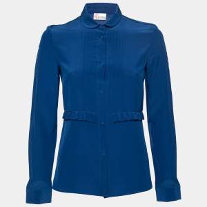 RED Valentino Blue Silk Pleated Front and Ruffle Trim Top M