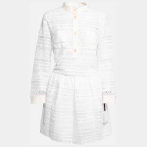 Pre Owned RED Valentino White Lace Button Front Long Sleeve Midi Dress L