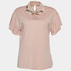 RED Valentino Pink Cotton Dragonfly Embellished Collar Detail T-Shirt S