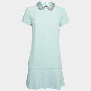 Pre Owned RED Valentino Blue Crepe Embellished Collar Detail Short Sleeve Dress S