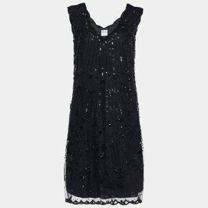 RED Valentino Black Tulle Sequin Embellished Scalloped Sleeveless Dress M
