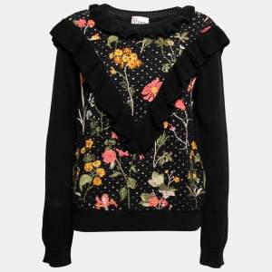RED Valentino Black Floral Embroidered Cotton Knit Ruffle Trim Sweater L
