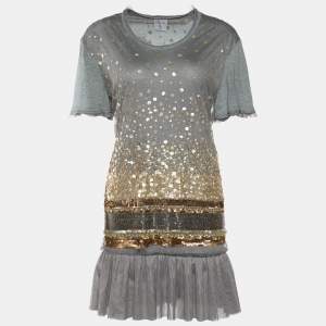 Pre Owned RED Valentino Grey Embellished Mesh Overlay Ruffle Bottom Dress M