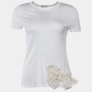 RED Valentino White Modal Lace Bow Detail Crew Neck Top S