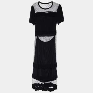 RED Valentino Black Knit & Tulle Ruffled Midi Dress XL