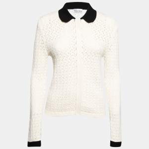 RED Valentino Off White Knit Contrast Collar Detail Zip Front Cardigan M