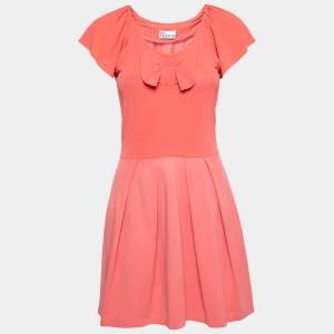 RED Valentino Coral Pink Jersey & Knit Bow Detail Pleated Dress S