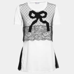 RED Valentino White Jersey & Lace Overlay Bow Detail Short Sleeve T-Shirt M