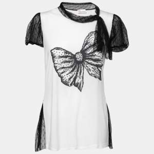 RED Valentino White Bow Print Jersey Tulle Detail Top M