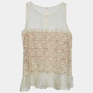 Pre Owned RED Valentino Cream Silk & Lace Sleeveless Top M