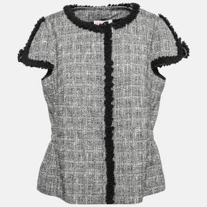 RED Valentino Black & Grey Tweed Ruffle Trim Cap-Sleeve Jacket L