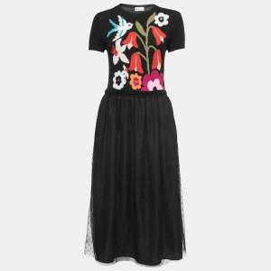 Pre Owned RED Valentino Black Floral Patterned Knit & Tulle Midi Dress L