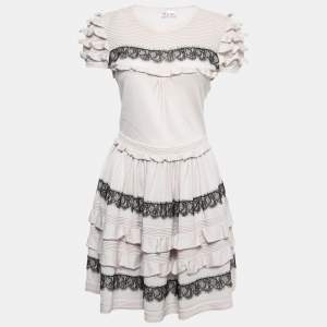 RED Valentino Grey Wool Knit Lace Trim Ruffled Dress L