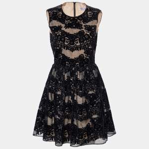 RED Valentino Black Flocked Silk Sleeveless Mini Dress S