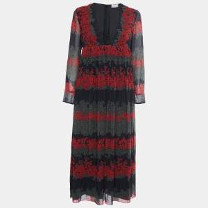 RED Valentino Black Floral Printed Plisse Chiffon Maxi Dress M