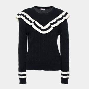 Red Valentino Black Cable Knit Optical Ruffle Jumper L