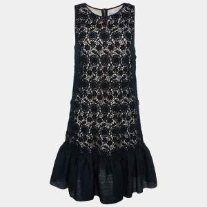 RED Valentino Black Floral Lace Ruffle Hem Sleeveless Shift Dress M