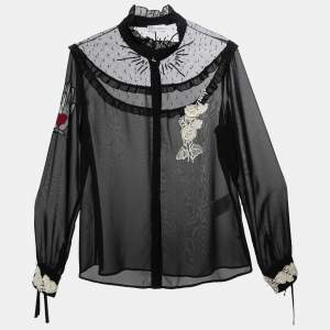 RED Valentino Black Crepe and Net Mock Neck Long Sleeve Blouse L