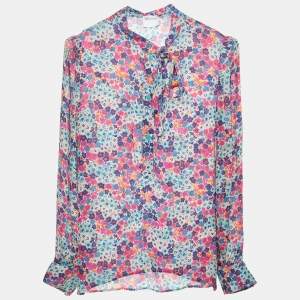 RED Valentino Multicolor Floral Print Silk Tie Neck Blouse M