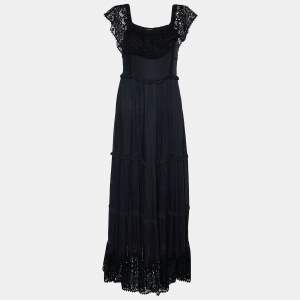 Pre Owned RED Valentino Black Chiffon & Lace Trim Off Shoulder Maxi Dress M