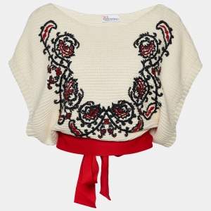 RED Valentino Cream Embroidered Cotton Knit Waist Tie Detail Sweater M