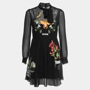 Pre Owned RED Valentino Black Floral Embroidered Georgette Long Sleeve Mini Dress S
