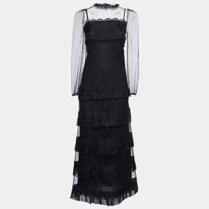 Pre Owned RED Valentino Black Mesh Tiered Full Sleeve Maxi Dress S