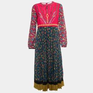 RED Valentino Multicolor Embellished Floral Print Crepe Long Sleeve Midi Dress M