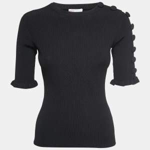 RED Valentino Black Ribbed Knit Button Detail Top S