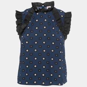 RED Valentino Navy Blue Floral Print Silk Ruffled Sleeveless Blouse S