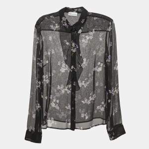 RED Valentino Black Floral Print Chiffon Neck Tie Detail Shirt Blouse S