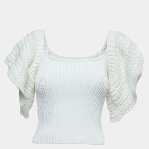 RED Valentino White Crochet Knit Flutter Sleeve Crop Top XS